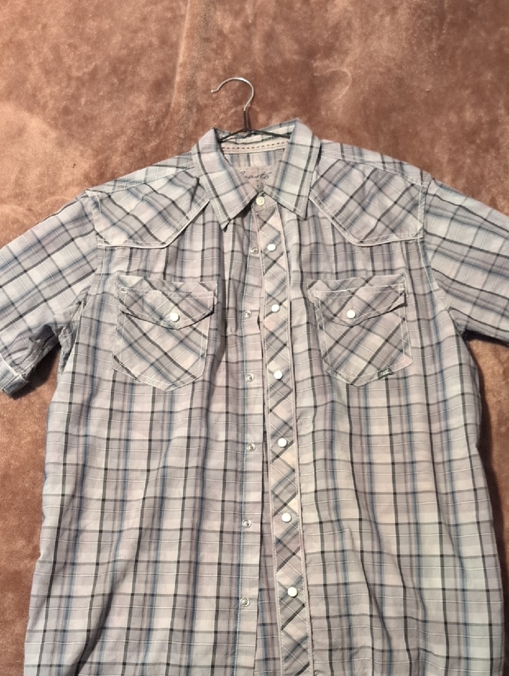 Men's Light Blue Plaid Short Sleeve Button-Down Shirt - Casual
